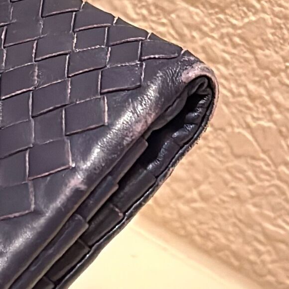 Bottega Veneta Double Zipper Foldover Clutch Wallet Navy Blue Woven Leather - Picture 10 of 14